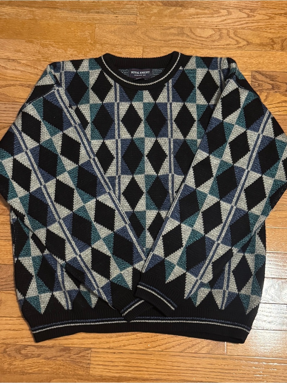 Royal Knight Black and Teal Argyle Crewneck Sweater